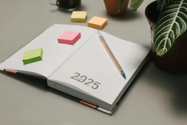 2025 planner with sticky notes and a pencil